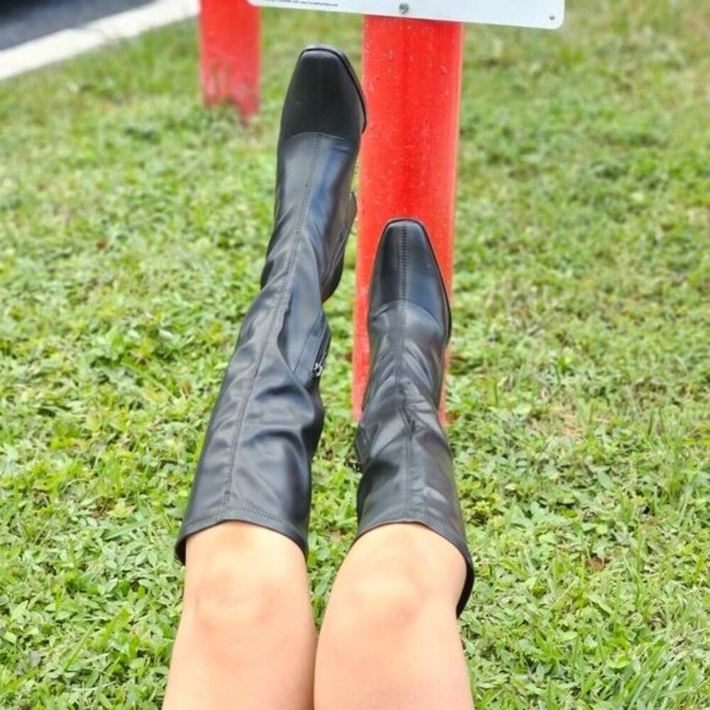 Black Women’s Mid Calf Boots Square Toe Heel Rubber Material - Picture 6 of 8